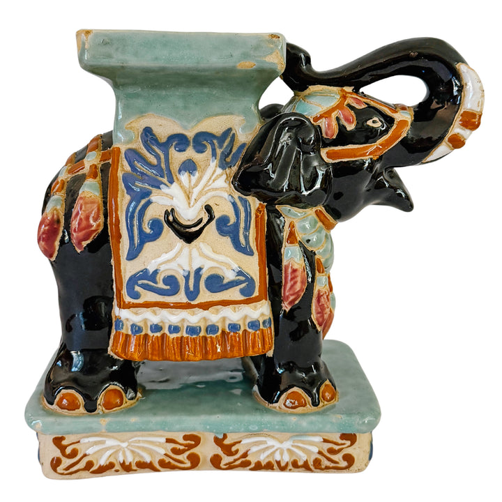 Vintage Chinoiserie Celadon & Black Ceramic Elephant Glazed Plant Stands / Bookends