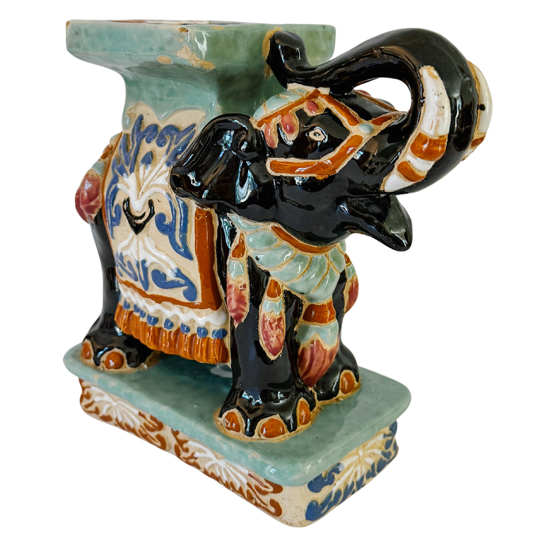 Vintage Chinoiserie Celadon & Black Ceramic Elephant Glazed Plant Stands / Bookends