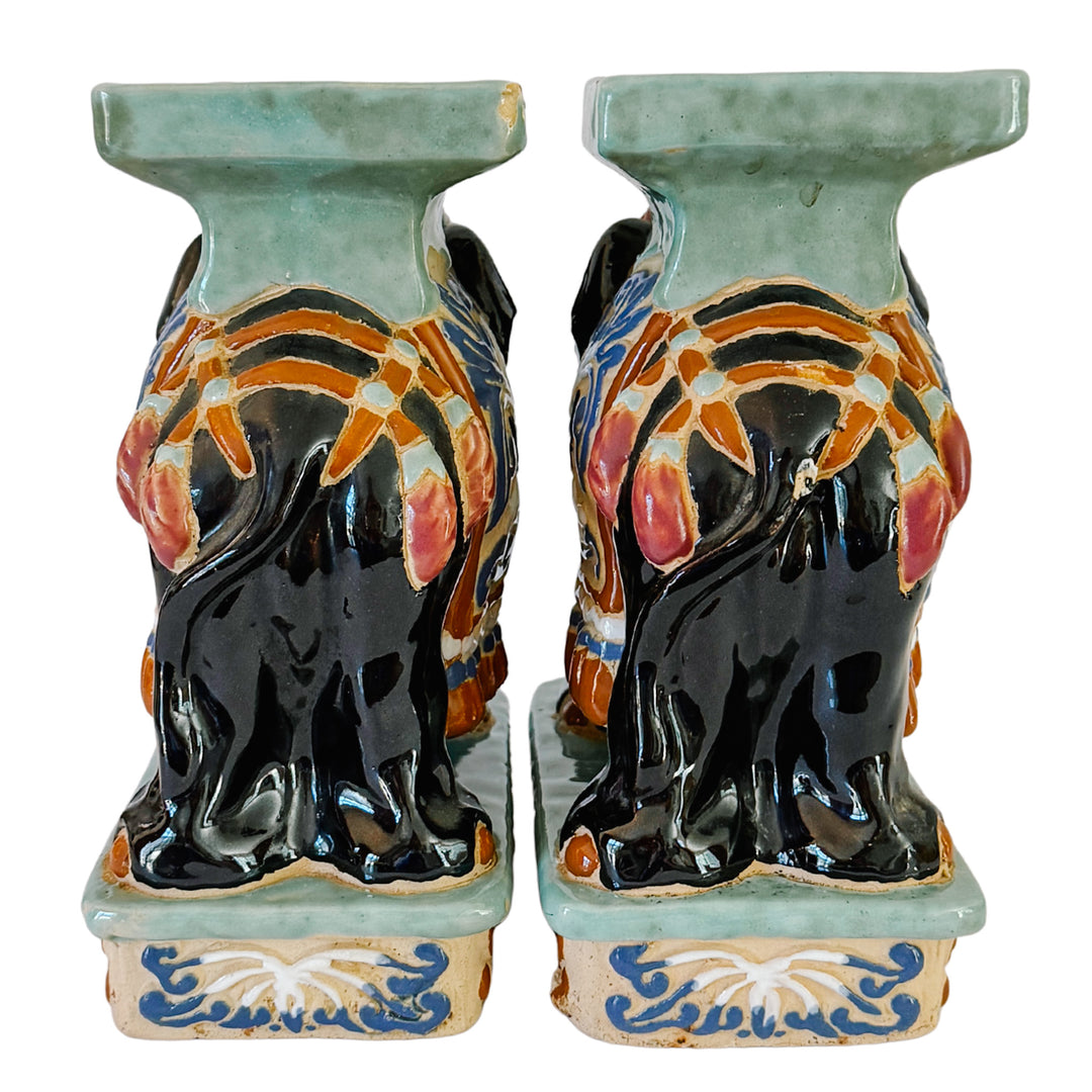 Vintage Chinoiserie Celadon & Black Ceramic Elephant Glazed Plant Stands / Bookends