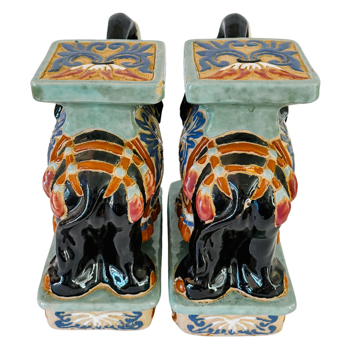 Vintage Chinoiserie Celadon & Black Ceramic Elephant Glazed Plant Stands / Bookends