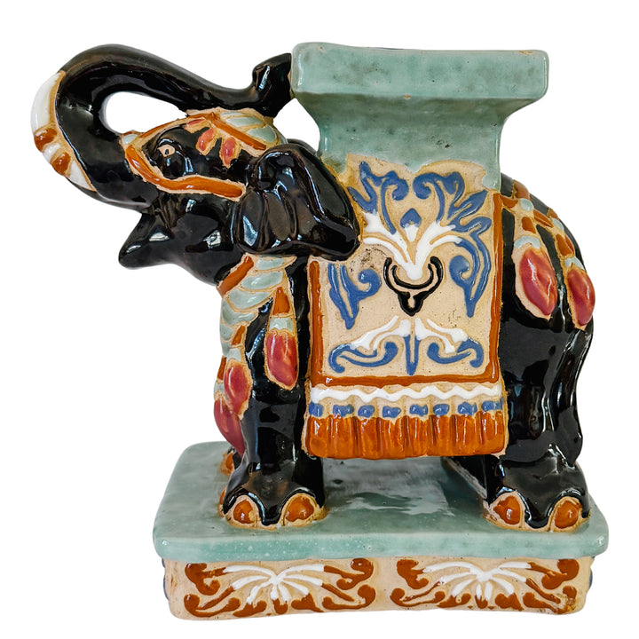 Vintage Chinoiserie Celadon & Black Ceramic Elephant Glazed Plant Stands / Bookends