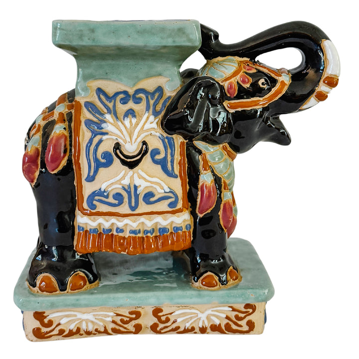 Vintage Chinoiserie Celadon & Black Ceramic Elephant Glazed Plant Stands / Bookends