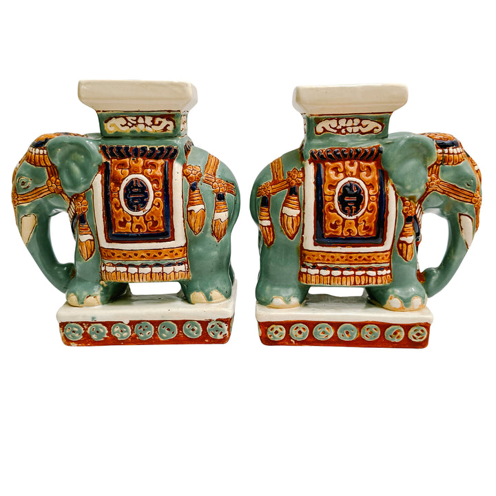 Vintage Chinoiserie Celadon & Ochre Ceramic Elephant Glazed Plant Stands / Bookends