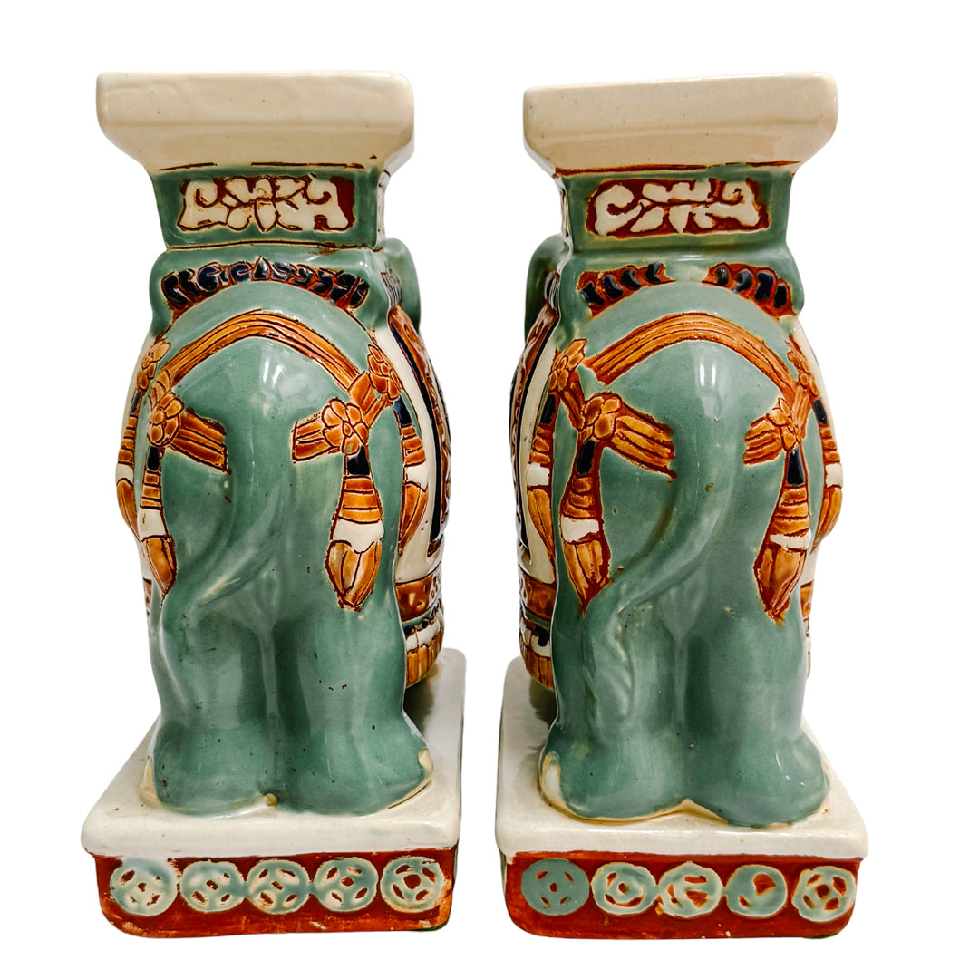 Vintage Chinoiserie Celadon & Ochre Ceramic Elephant Glazed Plant Stands / Bookends