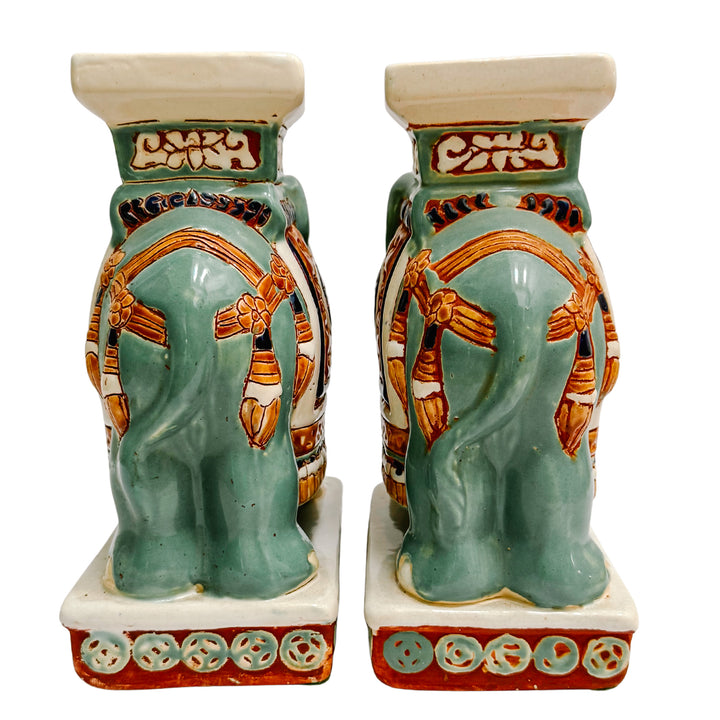 Vintage Chinoiserie Celadon & Ochre Ceramic Elephant Glazed Plant Stands / Bookends