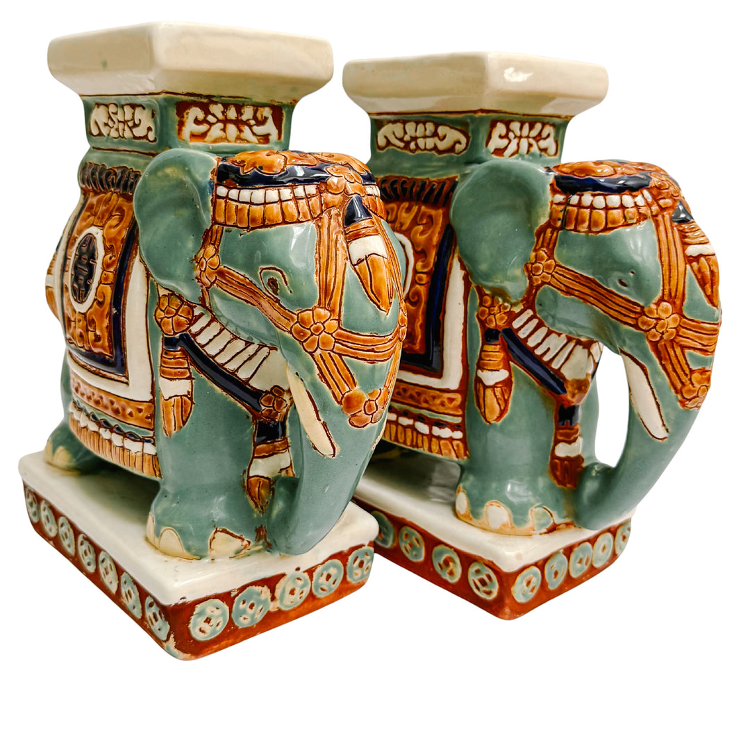 Vintage Chinoiserie Celadon & Ochre Ceramic Elephant Glazed Plant Stands / Bookends