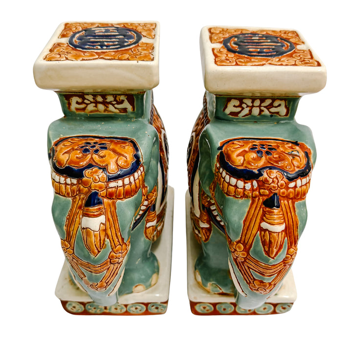 Vintage Chinoiserie Celadon & Ochre Ceramic Elephant Glazed Plant Stands / Bookends