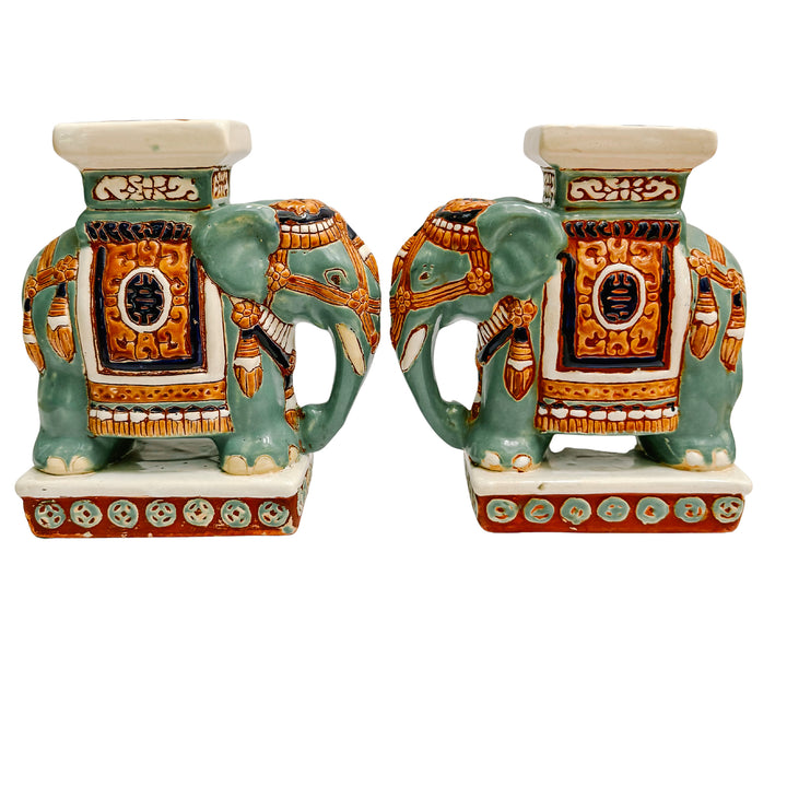 Vintage Chinoiserie Celadon & Ochre Ceramic Elephant Glazed Plant Stands / Bookends