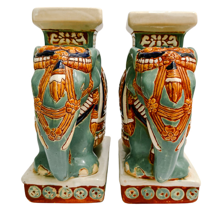 Vintage Chinoiserie Celadon & Ochre Ceramic Elephant Glazed Plant Stands / Bookends