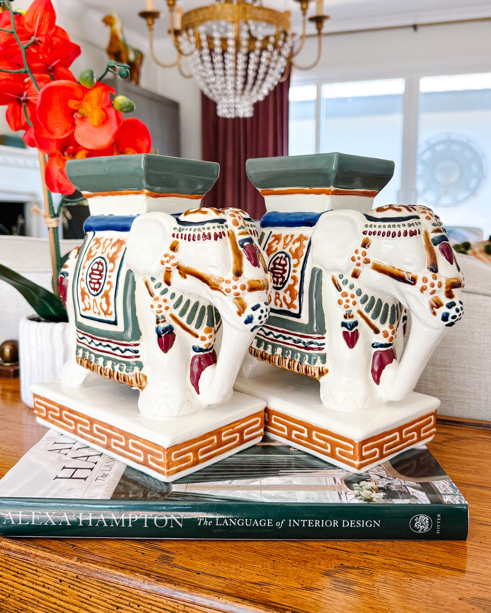 Vintage Chinoiserie Ceramic Elephants Bookends
