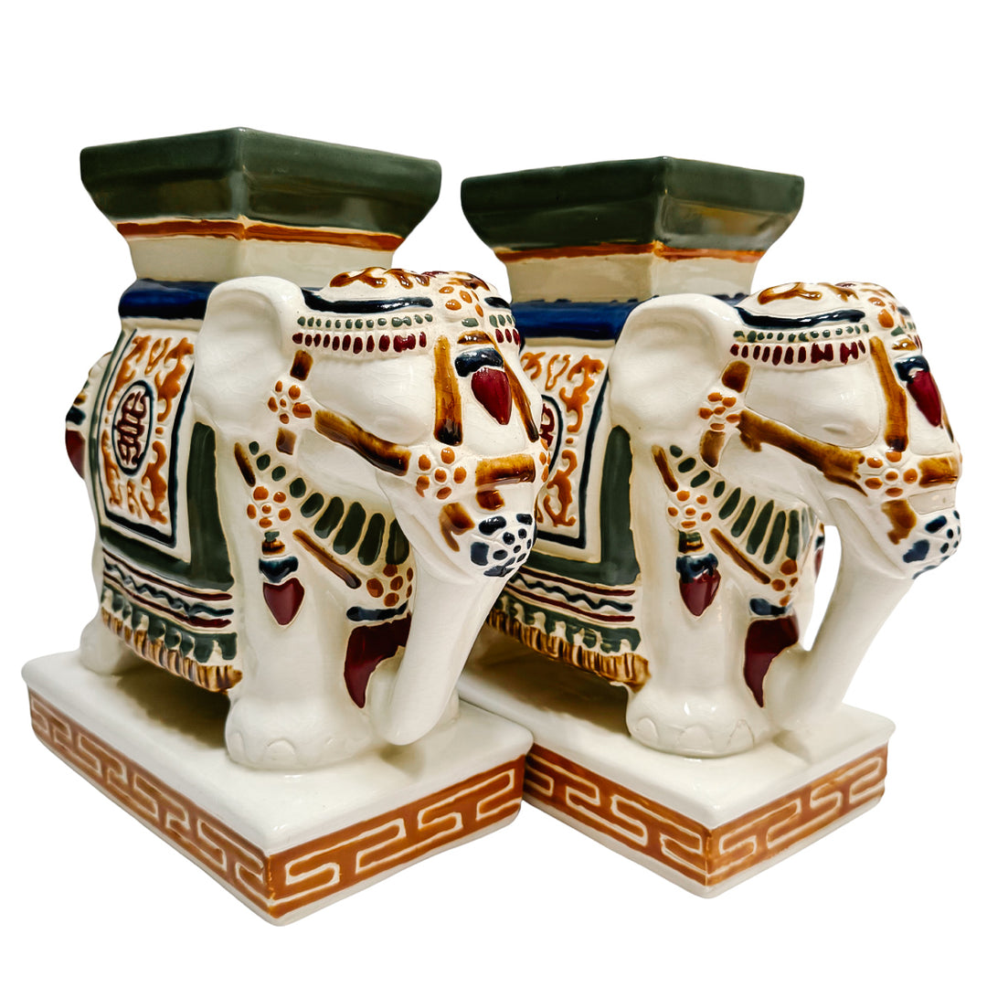 Vintage Chinoiserie Ceramic Elephants Bookends