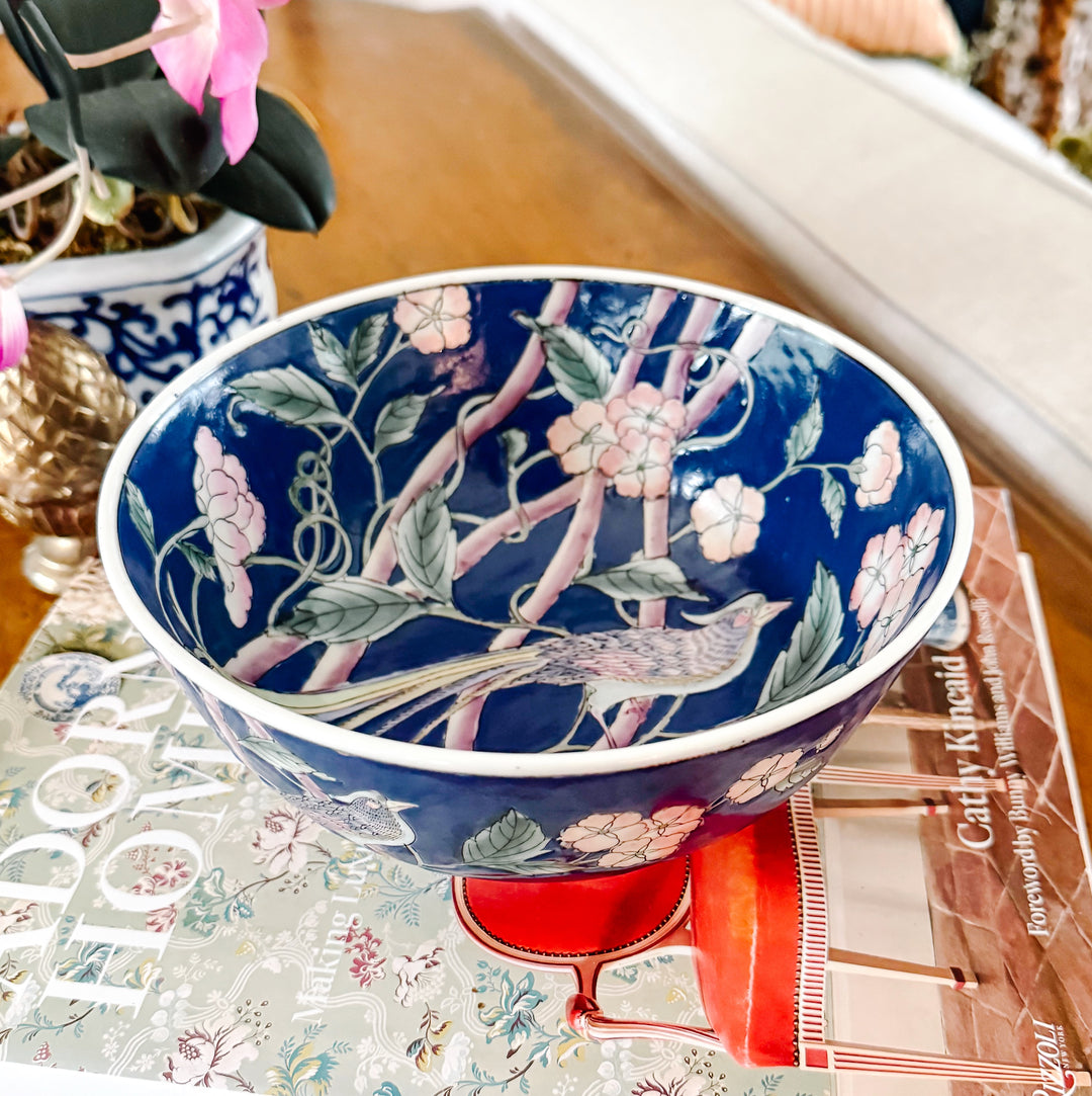 Vintage Chinoiserie Cobalt Blue Phoenix Bird Bowl