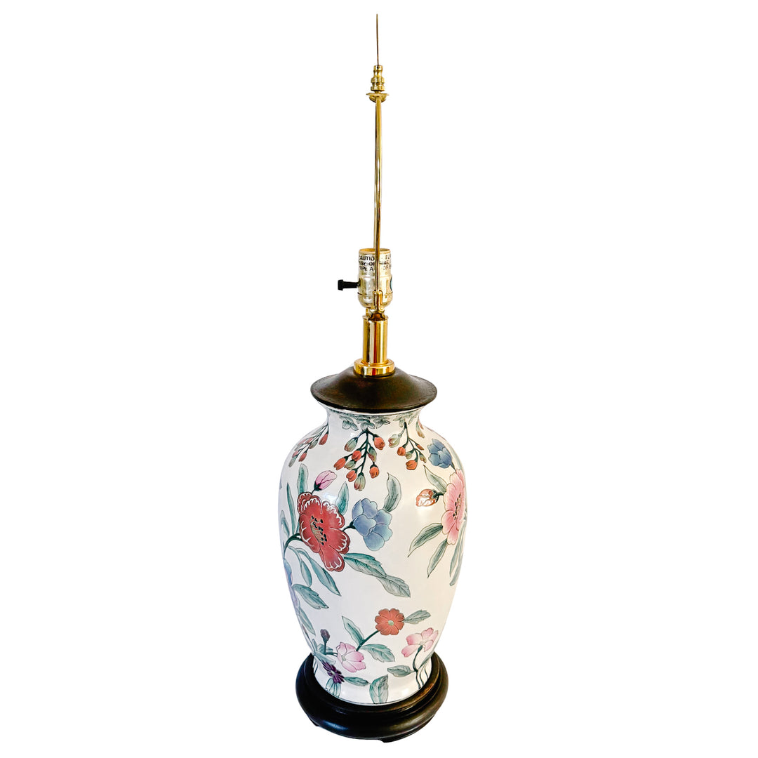 Vintage Chinoiserie Famille Rose Porcelain Table Lamps With Brass Shou Finials