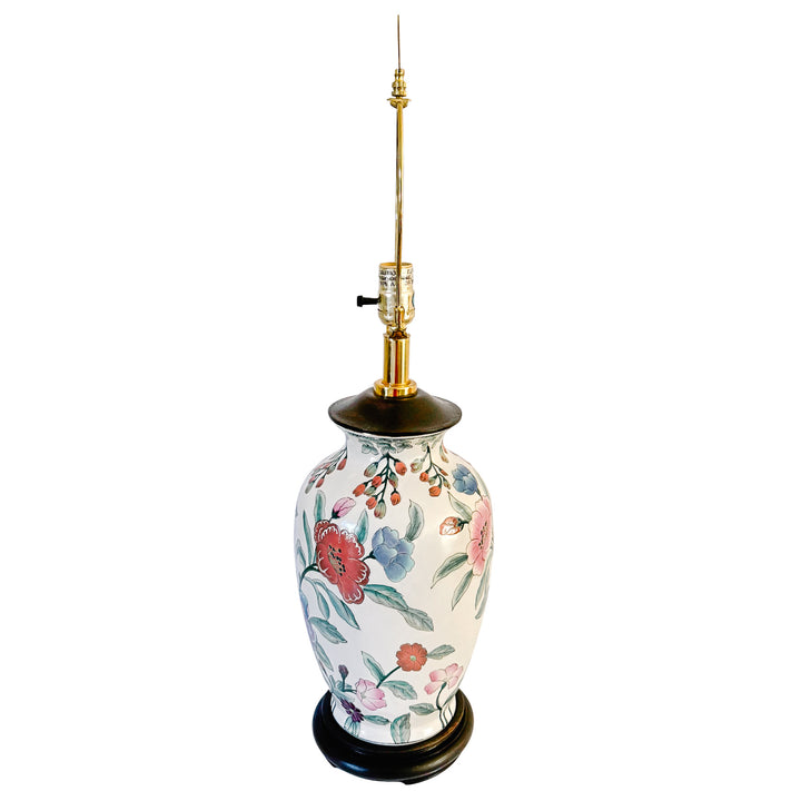 Vintage Chinoiserie Famille Rose Porcelain Table Lamps With Brass Shou Finials
