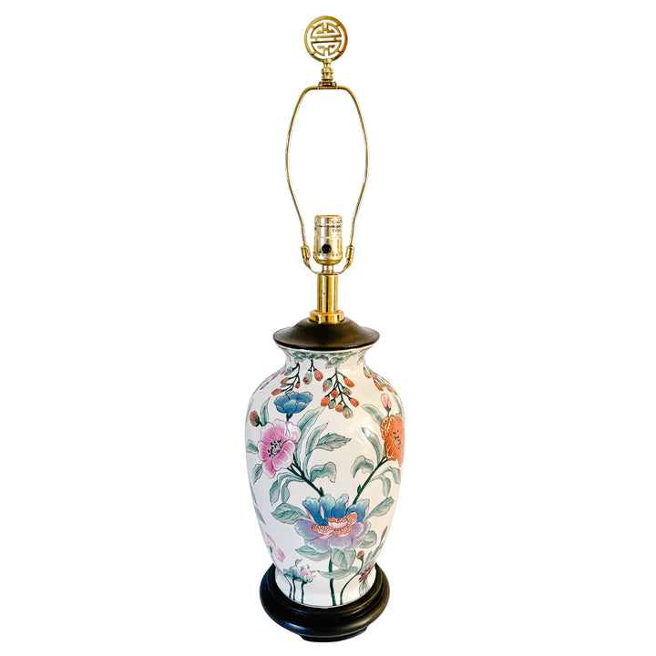 Vintage Chinoiserie Famille Rose Porcelain Table Lamps With Brass Shou Finials