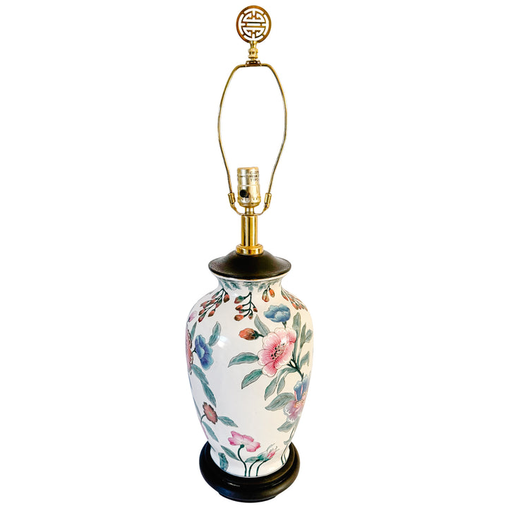 Vintage Chinoiserie Famille Rose Porcelain Table Lamps With Brass Shou Finials