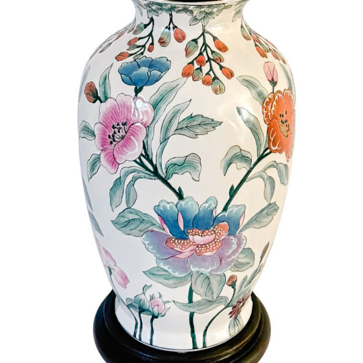 Vintage Chinoiserie Famille Rose Porcelain Table Lamps With Brass Shou Finials