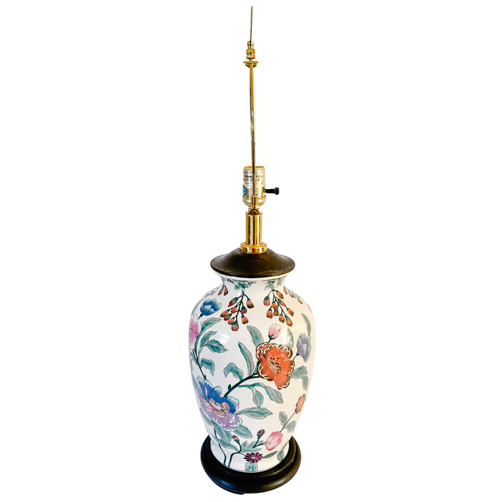 Vintage Chinoiserie Famille Rose Porcelain Table Lamps With Brass Shou Finials