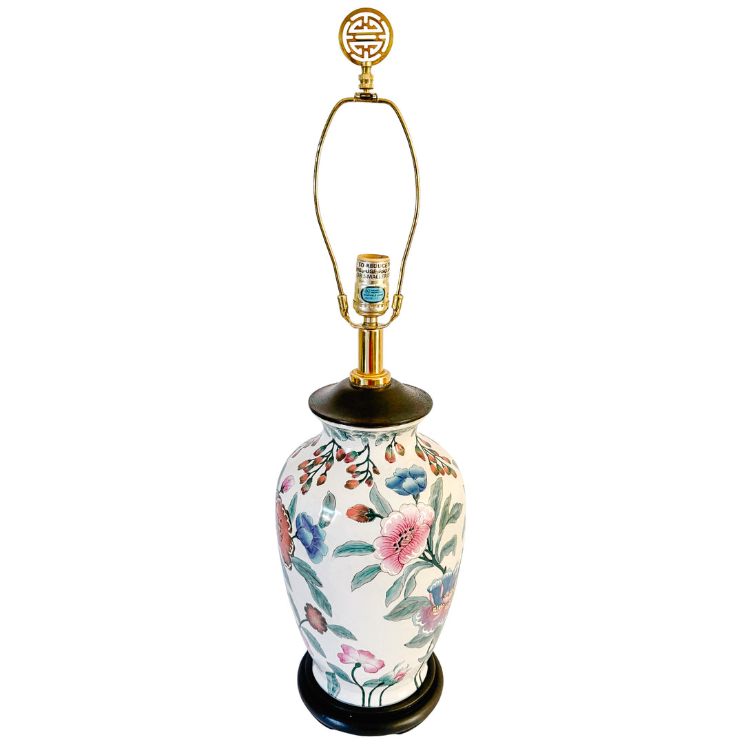 Vintage Chinoiserie Famille Rose Porcelain Table Lamps With Brass Shou Finials