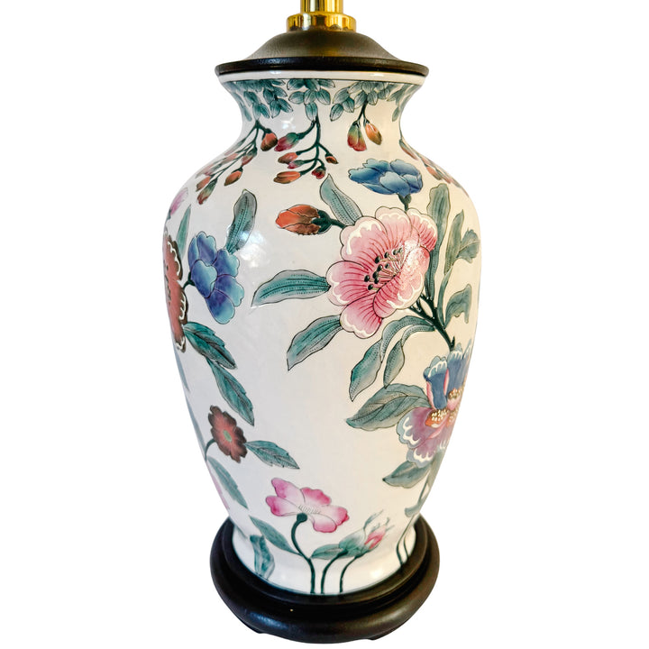 Vintage Chinoiserie Famille Rose Porcelain Table Lamps With Brass Shou Finials