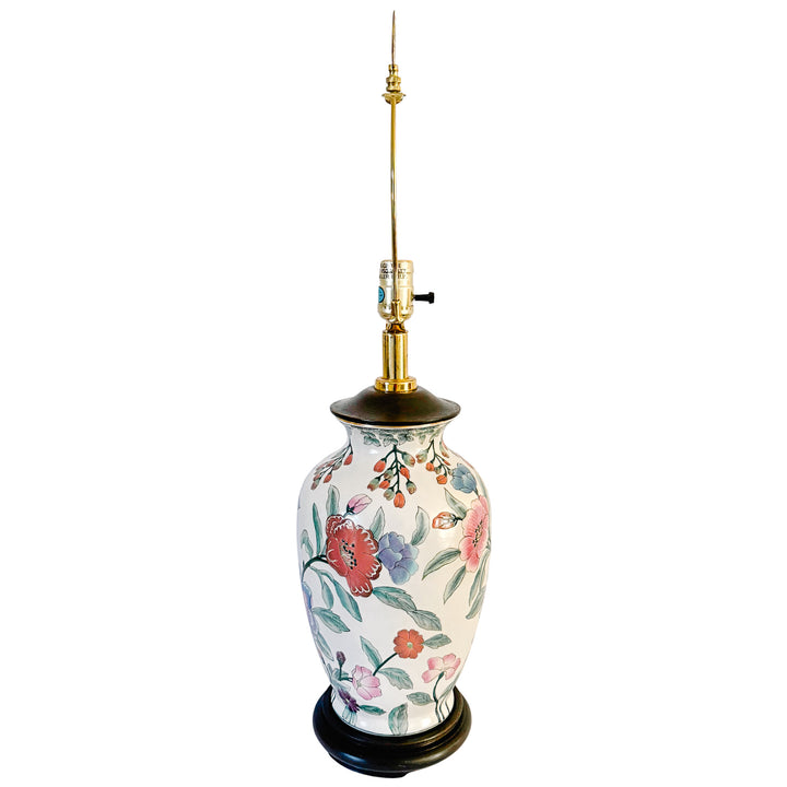 Vintage Chinoiserie Famille Rose Porcelain Table Lamps With Brass Shou Finials