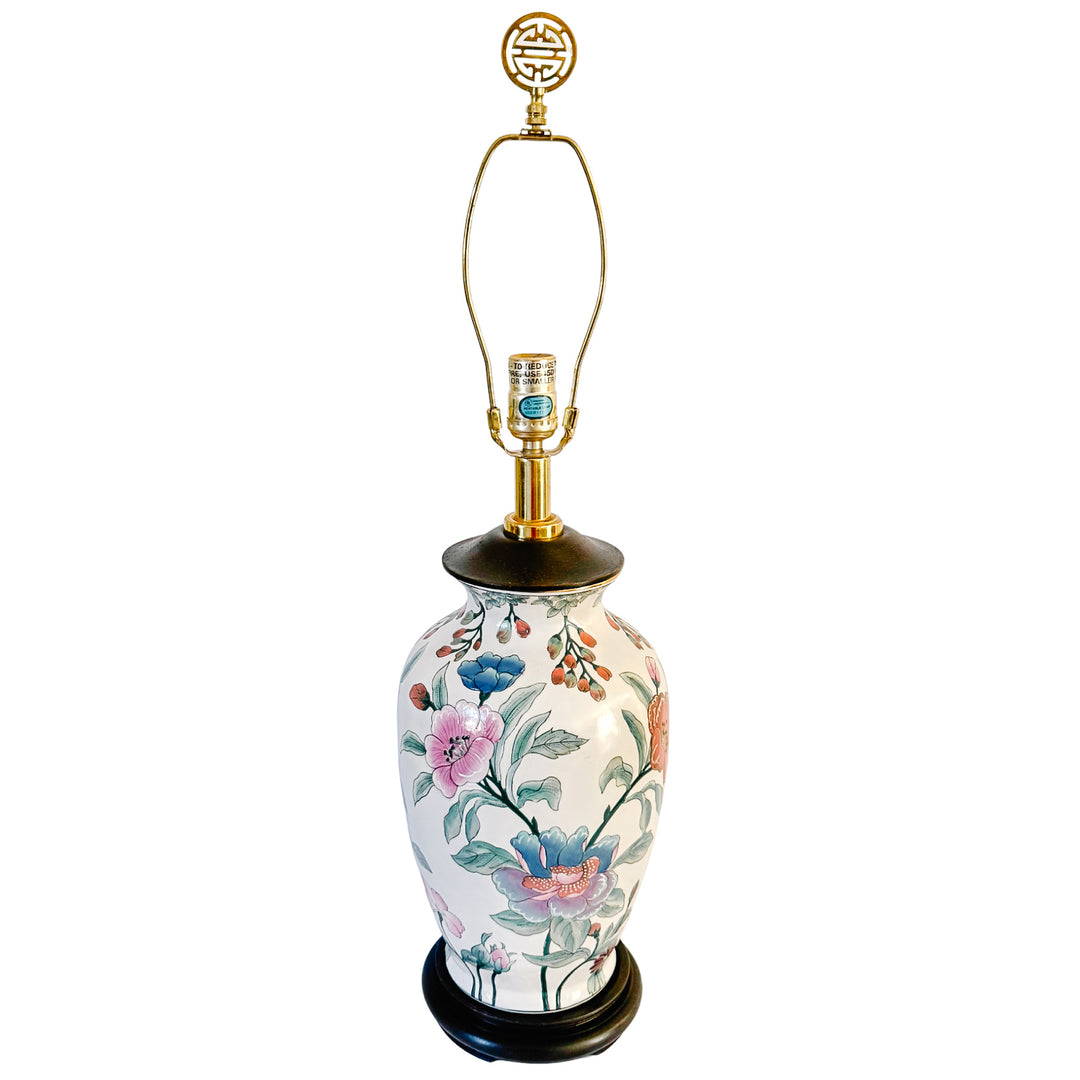 Vintage Chinoiserie Famille Rose Porcelain Table Lamps With Brass Shou Finials