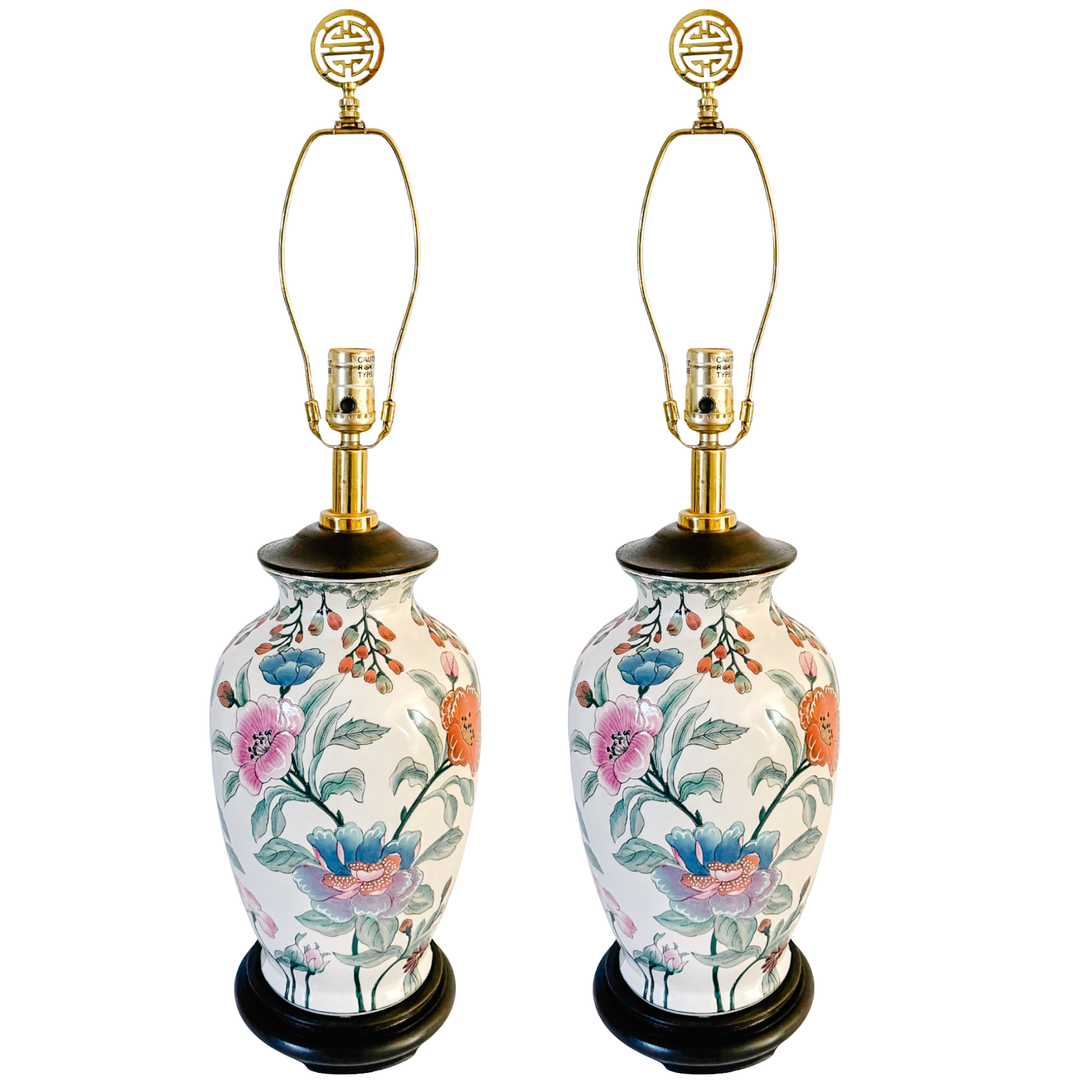 Vintage Chinoiserie Famille Rose Porcelain Table Lamps With Brass Shou Finials