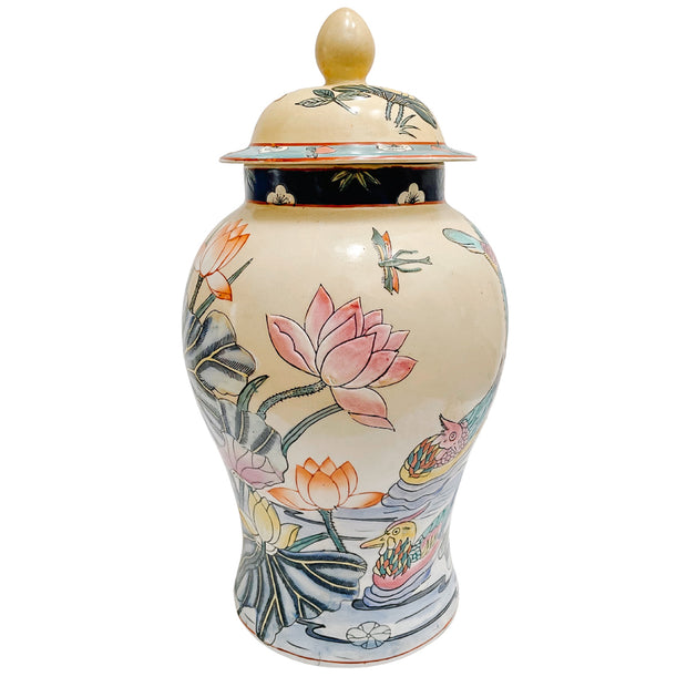 Vintage Chinoiserie Mandarin Ducks Temple Jar