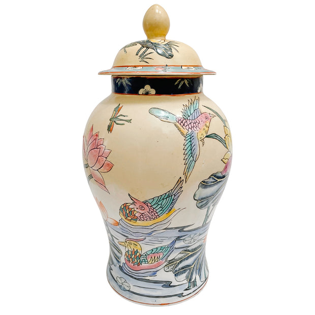 Vintage Chinoiserie Mandarin Ducks Temple Jar