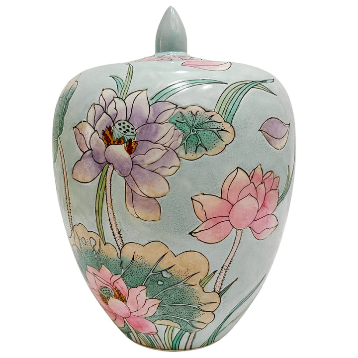Vintage Chinoiserie Pastel Waterlily Melon Jar