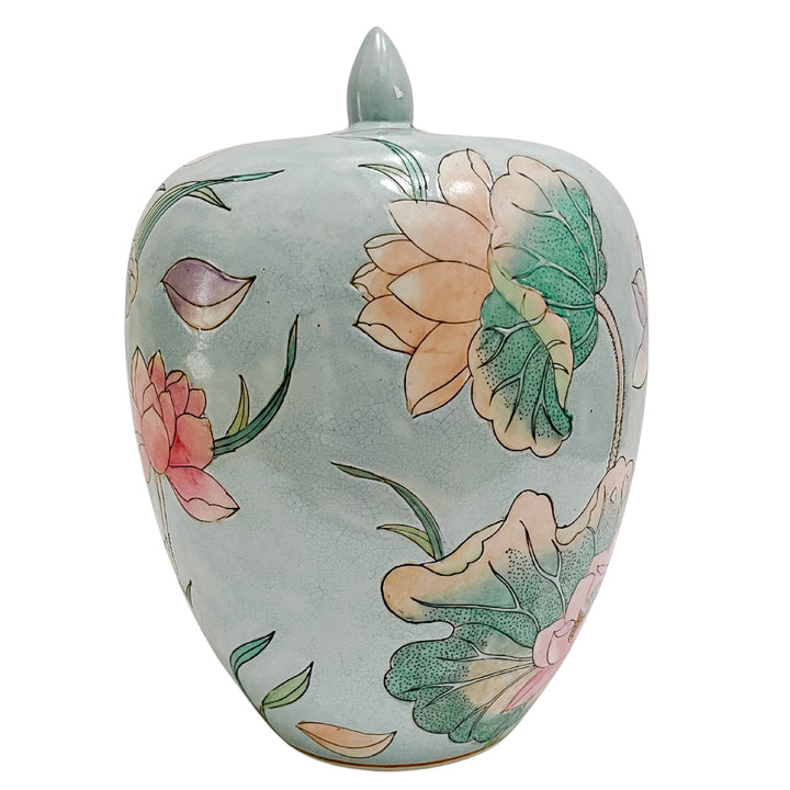 Vintage Chinoiserie Pastel Waterlily Melon Jar