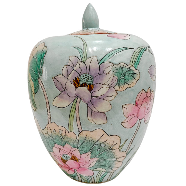 Vintage Chinoiserie Pastel Waterlily Melon Jar