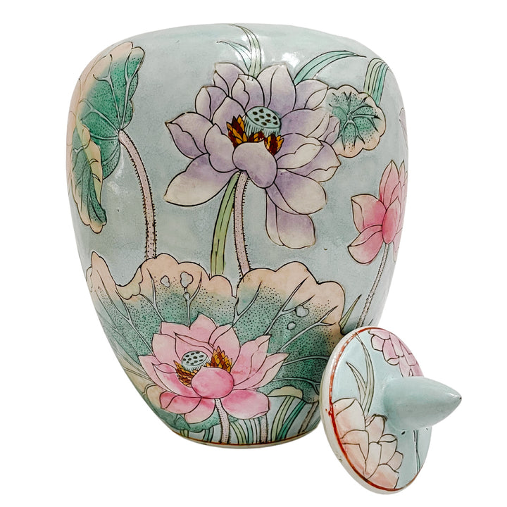 Vintage Chinoiserie Pastel Waterlily Melon Jar