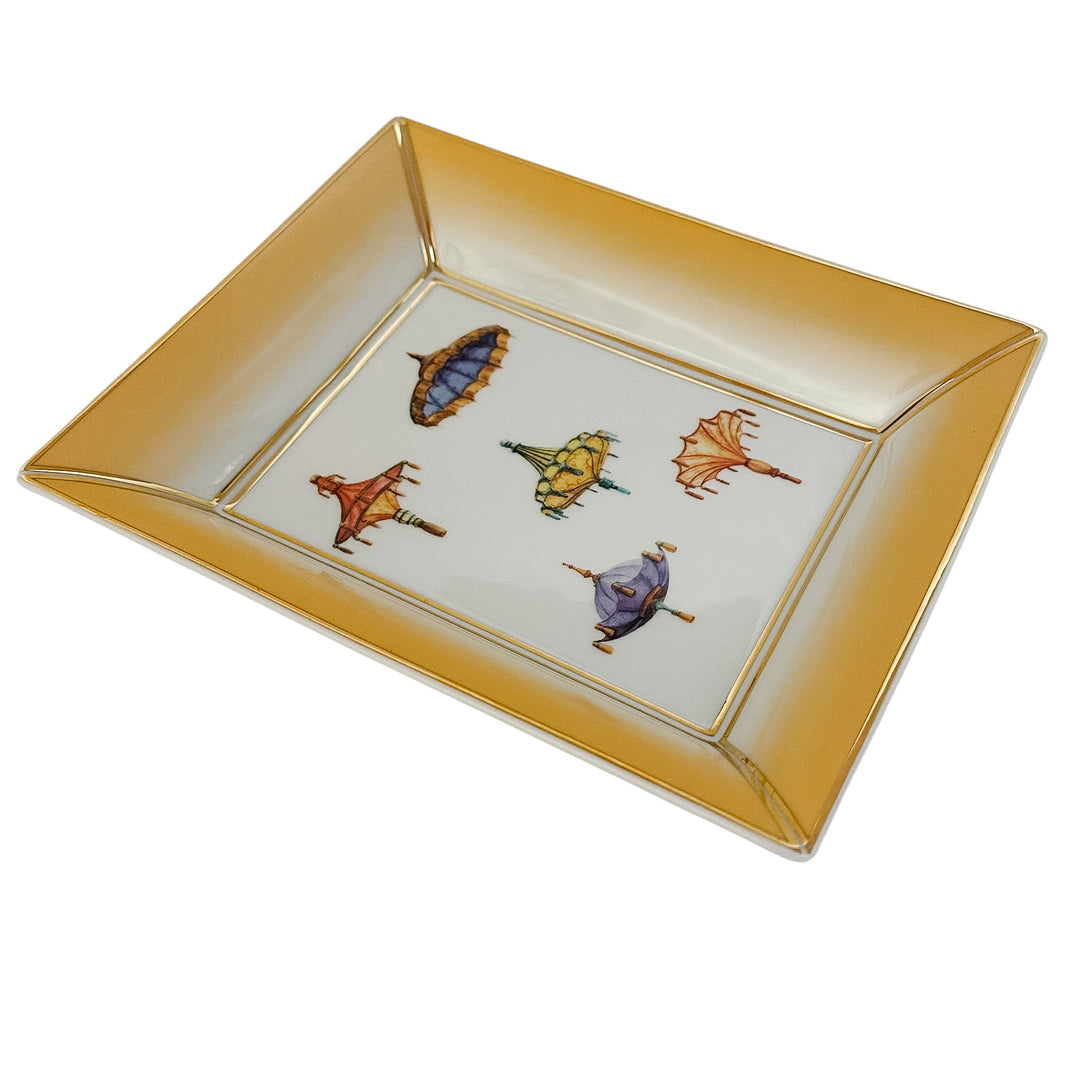 Chinoiserie Porcelain Valet Tray With Parasol & Umbrella Motif With Gold Gilt Trim