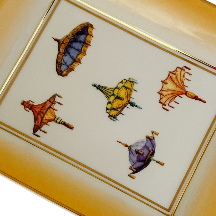 Chinoiserie Porcelain Valet Tray With Parasol & Umbrella Motif With Gold Gilt Trim