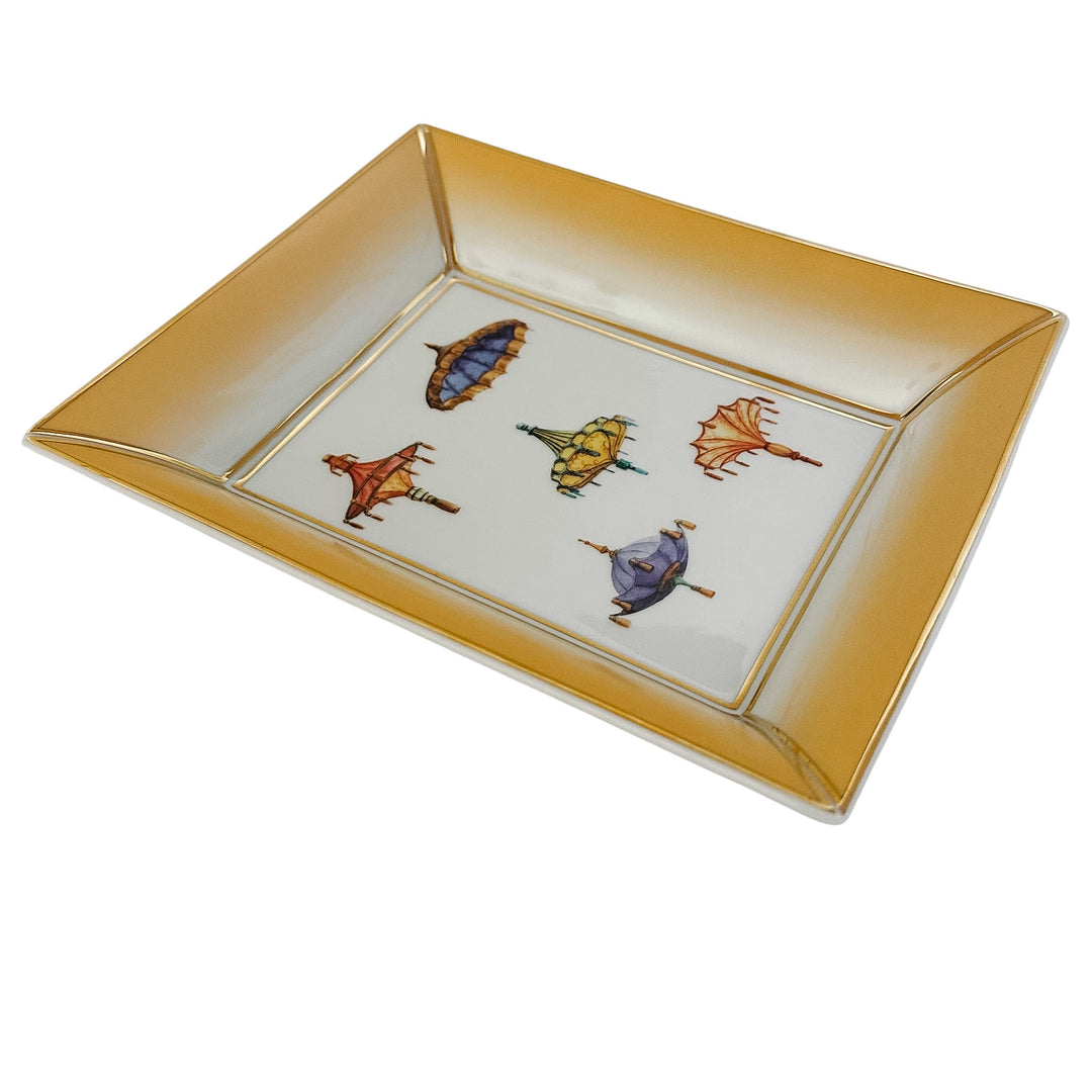 Chinoiserie Porcelain Valet Tray With Parasol & Umbrella Motif With Gold Gilt Trim