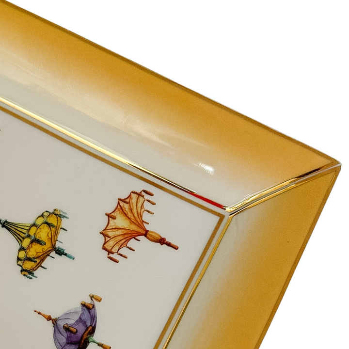Chinoiserie Porcelain Valet Tray With Parasol & Umbrella Motif With Gold Gilt Trim