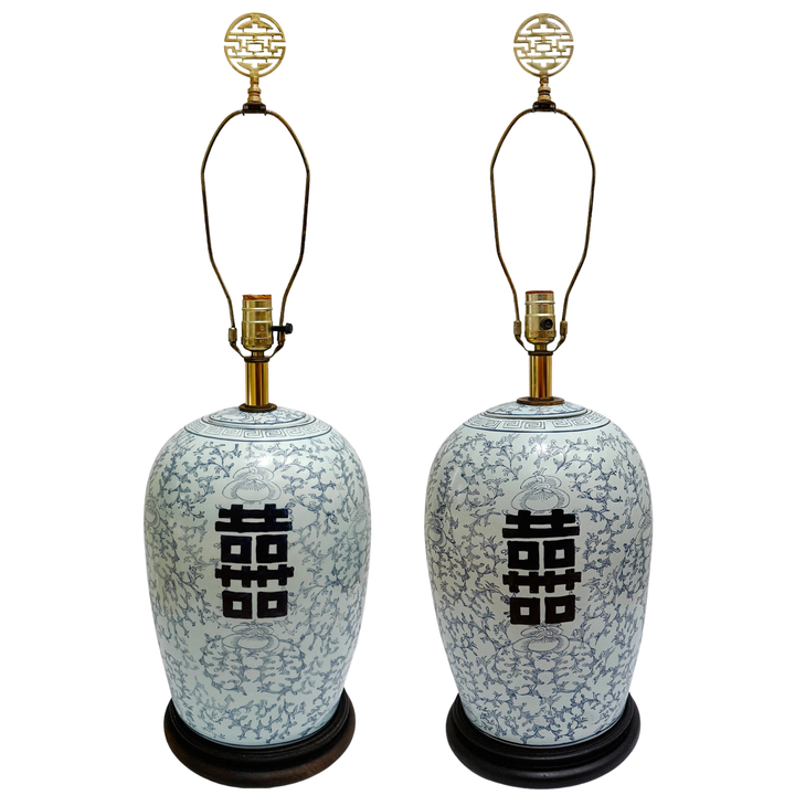 Mid 20th Century Chinoiserie Powder Blue Double Happiness Ginger Jar Lamps