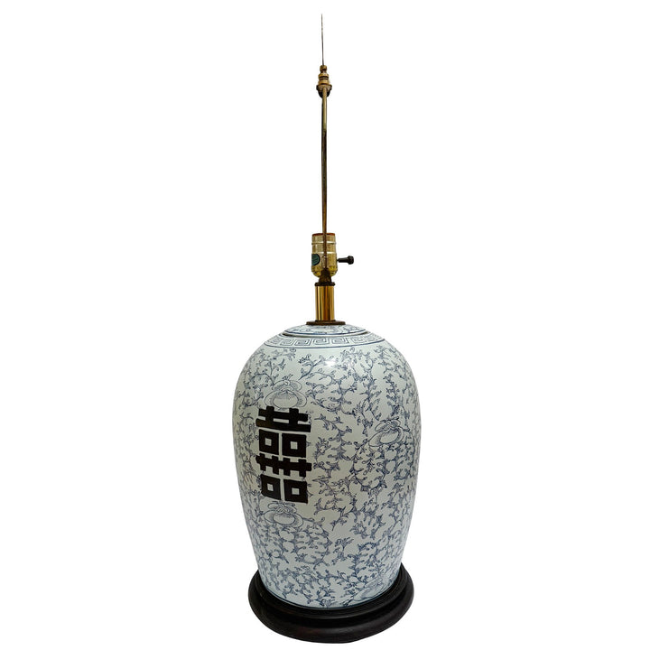 Mid 20th Century Chinoiserie Powder Blue Double Happiness Ginger Jar Lamps