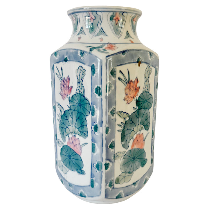 Vintage Chinoiserie Square Pink Lotus Porcelain Baluster Vase