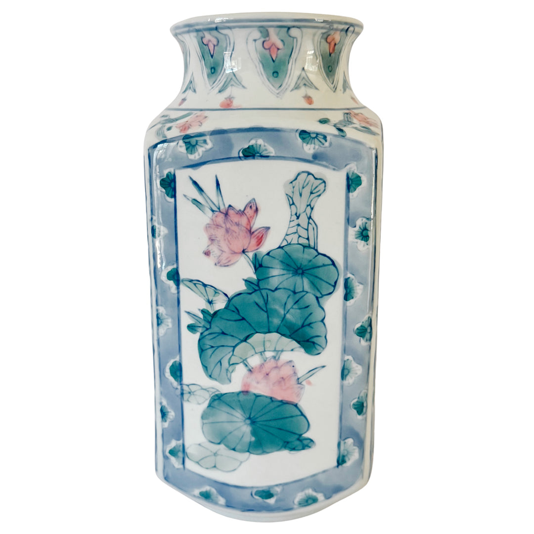 Vintage Chinoiserie Square Pink Lotus Porcelain Baluster Vase