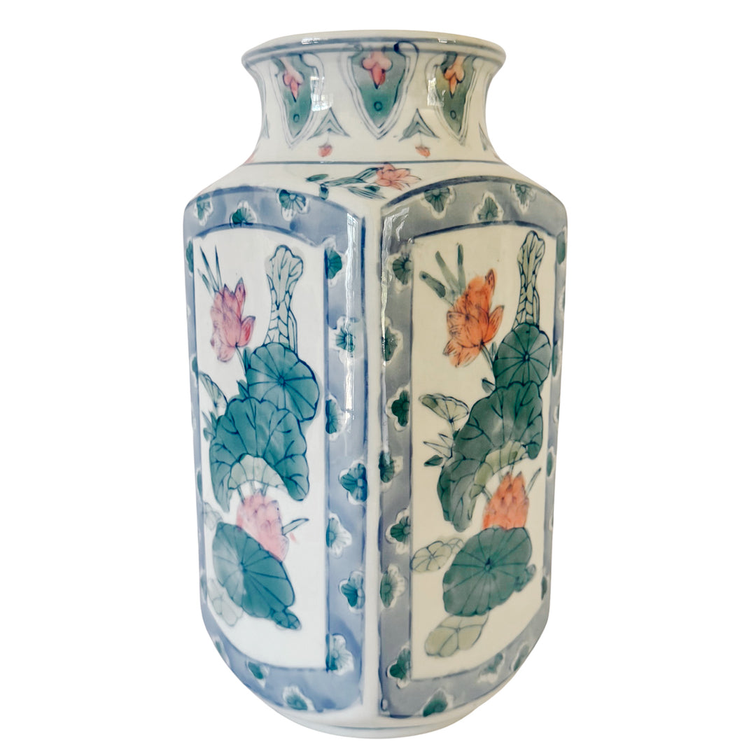 Vintage Chinoiserie Square Pink Lotus Porcelain Baluster Vase