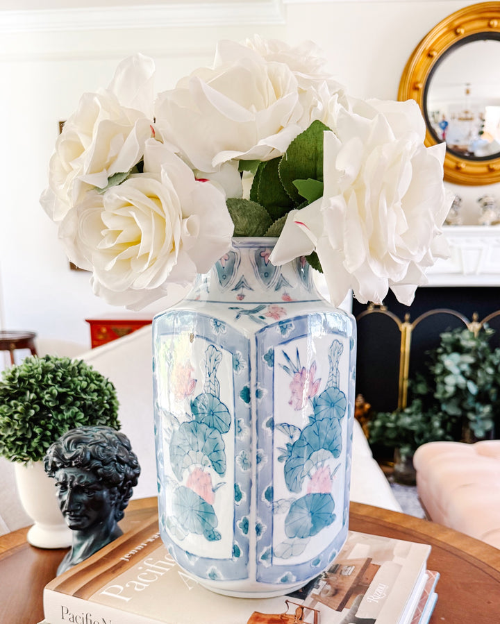 Vintage Chinoiserie Square Pink Lotus Porcelain Baluster Vase