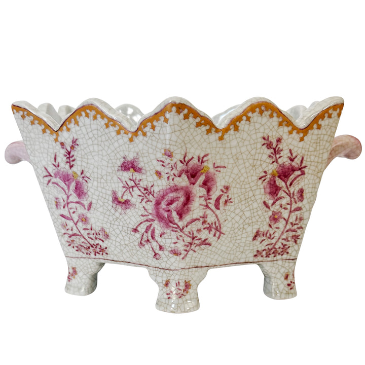 Vintage Chinoiserie United Wilson Pink and White Scalloped Cachepot