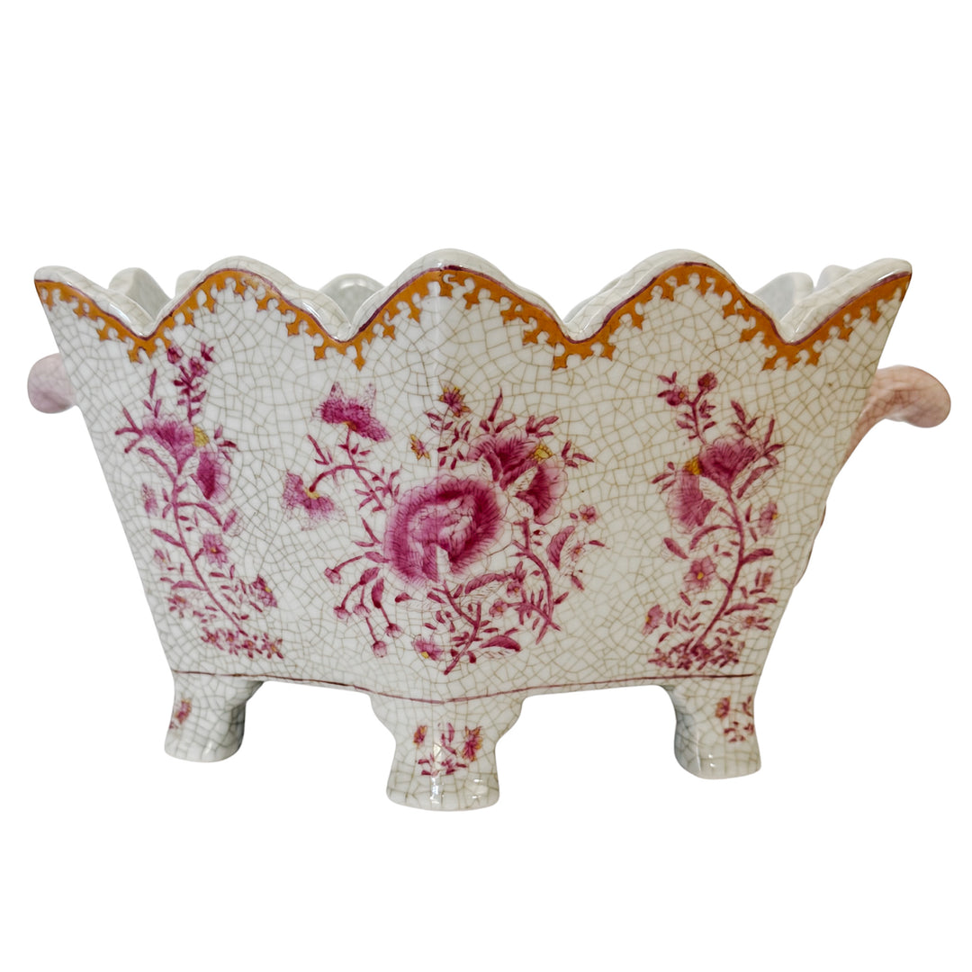 Vintage Chinoiserie United Wilson Pink and White Scalloped Cachepot
