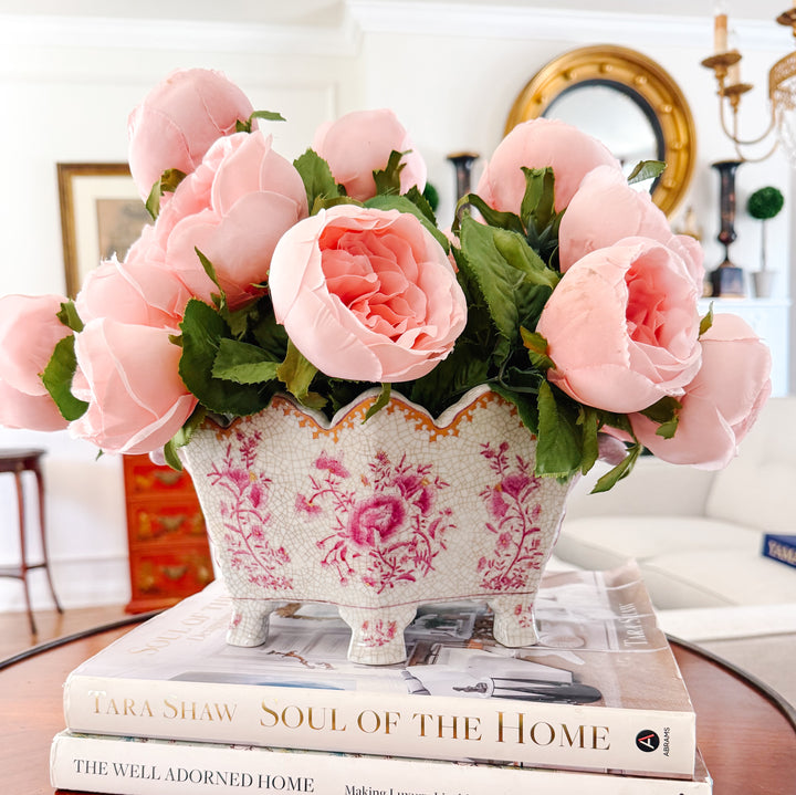 Vintage Chinoiserie United Wilson Pink and White Scalloped Cachepot