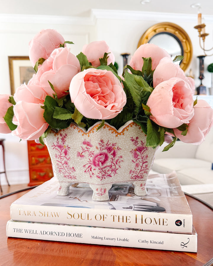 Vintage Chinoiserie United Wilson Pink and White Scalloped Cachepot