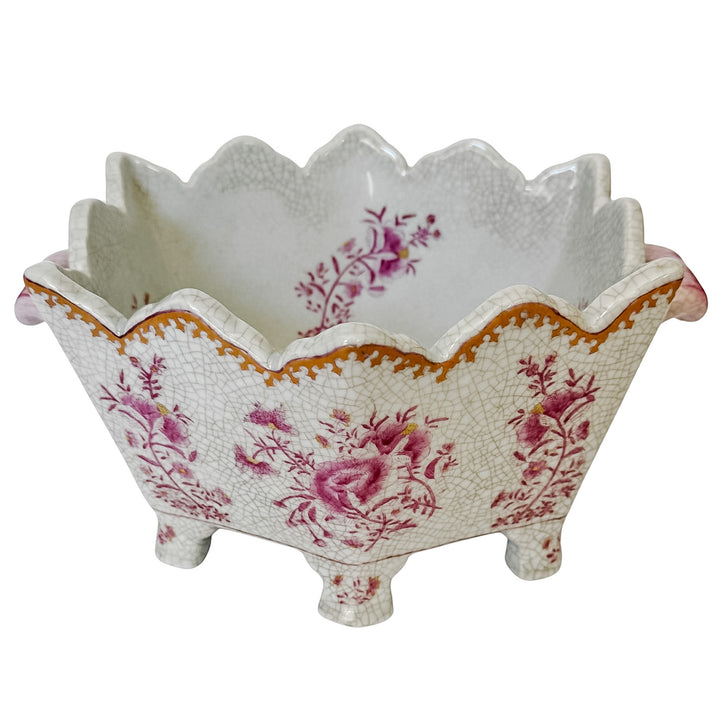 Vintage Chinoiserie United Wilson Pink and White Scalloped Cachepot