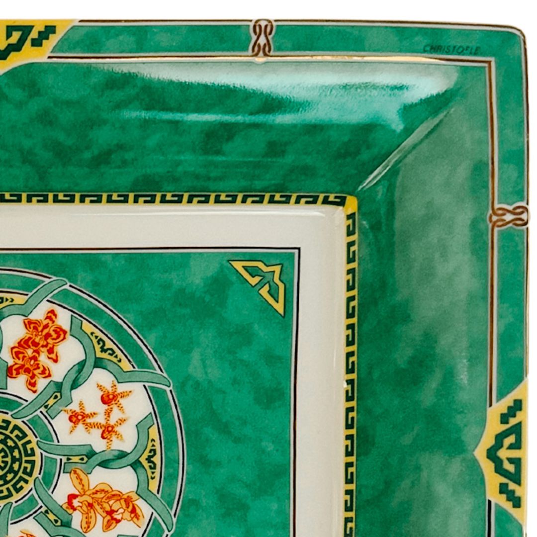 Vintage Christofle Paris Porcelain Tray in Oceana Vert Ginkgo