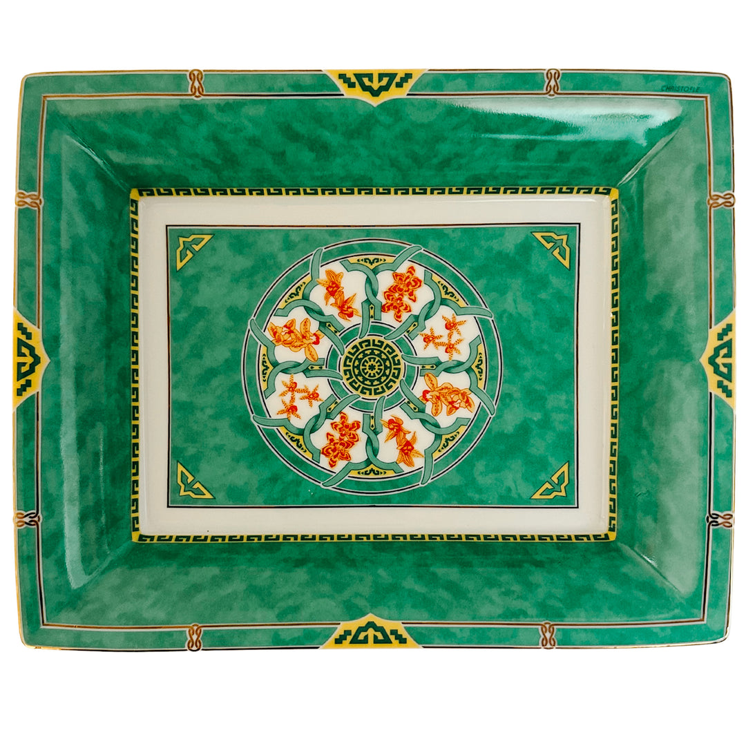 Vintage Christofle Paris Porcelain Tray in Oceana Vert Ginkgo